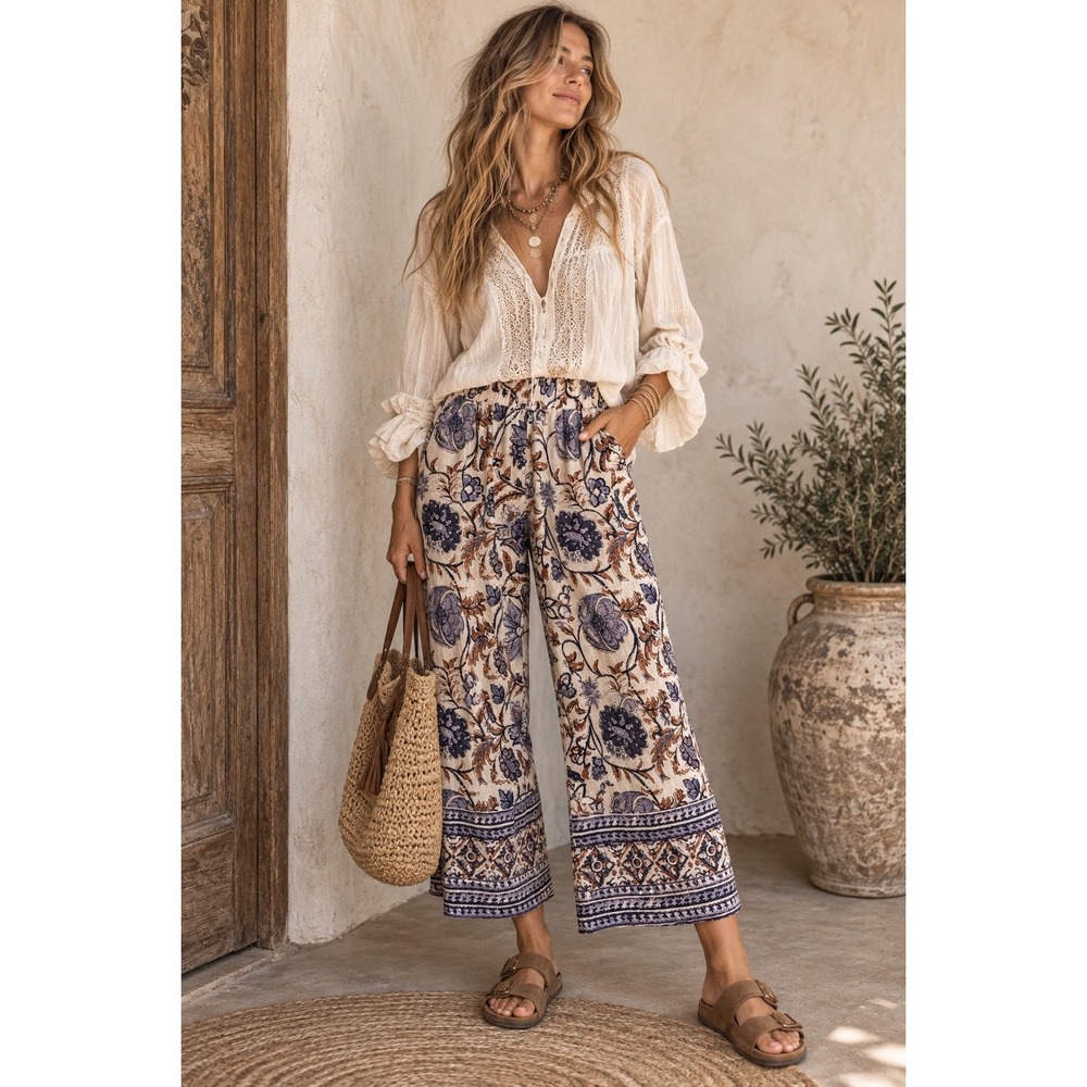 Nicole Miller Boho Floral Wide Leg Pants Elastic Waist Purple Tan Cropped